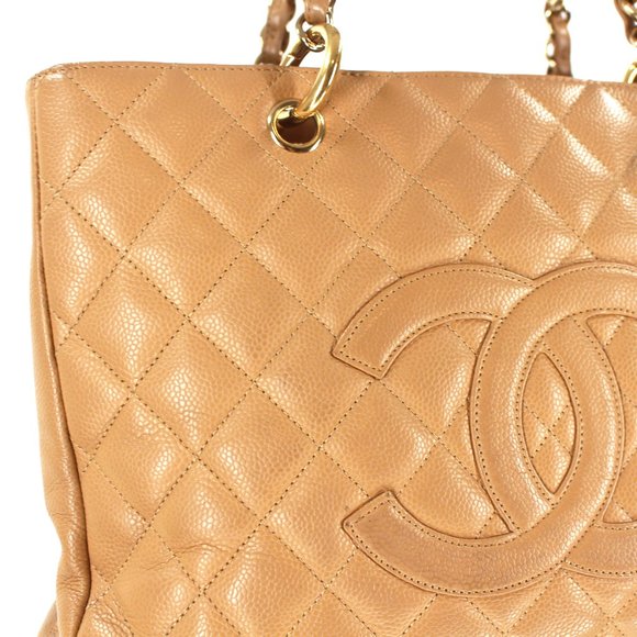 CHANEL Grand Shopping Tote Quilted Gold Chainlink Handle Handbag Beige - Picture 5 of 10